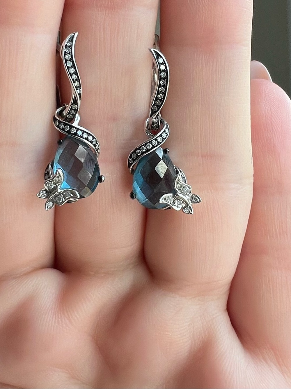 Rare 14K White Gold Blue Topaz & Diamond Drop Earrings